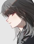  1girl akutsu_lucifer_maaya assault_lily bangs black_hair black_jacket commentary from_side grey_background hair_between_eyes highres jacket long_hair looking_at_viewer looking_to_the_side parted_lips portrait profile red_eyes sideways_glance simple_background sketch solo tareko 