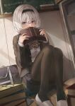  1girl 2gong_(9ujin_) bag book cellphone chalkboard classroom covering_mouth glasses hair_ornament highres long_sleeves looking_at_viewer original phone school_bag school_uniform short_hair shy sitting skirt smartphone solo white_footwear white_hair 