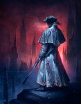  1other ambiguous_gender artist_name black_footwear black_hair black_headwear bloodborne capelet city from_behind gun highres holding holding_weapon hunter_(bloodborne) long_sleeves outdoors ponytail red_sky rifle sky standing teradiam weapon 