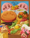  broccoli burger carrot chef chef_hat cube english_text food food_focus hat highres hot_dog kirby kirby_(series) lettuce looking_at_viewer meat miclot open_mouth pasta sauce shrimp shrimp_tempura soup spaghetti sparkling_eyes star_(symbol) tempura tomato tongue waddle_dee 
