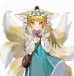 1girl absurdres animal_ear_fluff animal_ears arknights bag bangs blonde_hair blue_dress blue_hairband blush commentary_request cool_est dress fox_ears fox_girl fox_tail frilled_hairband frills green_eyes grey_background hairband hand_up highres jacket kitsune long_hair long_sleeves looking_at_viewer multicolored_hair neck_ribbon on_head open_clothes open_jacket puffy_long_sleeves puffy_sleeves red_ribbon ribbon shirt shoulder_bag simple_background smile solo suzuran_(arknights) suzuran_(spring_praise)_(arknights) tail two-tone_hair very_long_hair white_hair white_jacket white_shirt