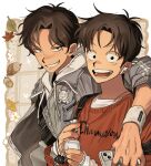  2boys arm_around_shoulder bangs bishounen black_eyes bluetooth_headset brothers brown_hair character_request check_character commentary freckles grin highres holding holding_phone jacket looking_at_viewer lower_teeth male_focus monkey_d._luffy multiple_boys one_piece open_mouth phone portgas_d._ace red_shirt sam_one111 scar scar_on_face shirt short_hair siblings smile teeth upper_body upper_teeth 