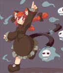  1girl :3 animal_ears arm_up artist_request blush_stickers braid cat_ears check_artist dress fang fang_out grey_background hitodama kaenbyou_rin multiple_tails redhead running simple_background smile solo tail touhou wool_(miwol) 