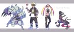  1boy 1girl arm_tattoo banned_artist black_jacket black_pants blonde_hair closed_mouth commentary_request eyeshadow eyewear_on_head frown golisopod guzma_(pokemon) hair_ornament hand_on_hip highres hood hooded_jacket jacket long_hair makeup midriff multicolored_hair nin_(female) pants pink_hair plumeria_(pokemon) poke_ball poke_ball_(basic) pokemon pokemon_(creature) pokemon_(game) pokemon_sm quad_tails salazzle shirt shoes short_sleeves skull_hair_ornament standing stomach_tattoo sunglasses tank_top tattoo team_skull two-tone_hair white_footwear white_hair white_shirt yellow-framed_eyewear yellow_eyes 
