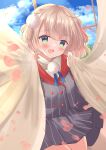  1girl :d absurdres bangs black_shirt black_skirt blonde_hair blue_sky blush breasts clouds cloudy_sky commentary_request cowboy_shot curtain_grab curtains green_eyes hands_up highres indie_virtual_youtuber indoors kanti15 looking_at_viewer medium_hair petals pleated_skirt shigure_ui_(vtuber) shirt skirt sky smile solo virtual_youtuber window 