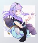  1girl absurdres back border bug butterfly glowing_butterfly hair_ornament hair_rings half-closed_eyes highres long_hair looking_back needle parted_lips purple_hair qin_shi_ming_yue shao_siming_(qin_shi_ming_yue) shiqi_jinnian_shiqi_sui sitting solo thigh-highs veil violet_eyes 