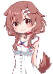  1girl :3 animal_collar animal_ears arms_behind_back bangs bare_arms blush bone_hair_ornament braid brown_eyes brown_hair buttons chibi closed_mouth collar dog_ears dog_girl dog_tail dress extra_ears hair_between_eyes hair_ornament hairclip hololive inugami_korone long_hair looking_at_viewer low_twin_braids low_twintails rabiiandrain red_collar sleeveless sleeveless_dress smile solo tail twin_braids twintails virtual_youtuber white_background white_dress 