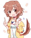  1girl :d animal_collar animal_ears bangs blush bone_hair_ornament braid brown_eyes brown_hair chibi collar dog_ears dog_girl dog_tail dress extra_ears hair_between_eyes hair_ornament hairclip hololive index_fingers_raised inugami_korone jacket long_hair looking_at_viewer low_twin_braids low_twintails off_shoulder open_clothes open_jacket open_mouth rabiiandrain red_collar short_dress single_bare_shoulder sleeveless sleeveless_dress smile solo tail twin_braids twintails virtual_youtuber white_background white_dress yellow_jacket 