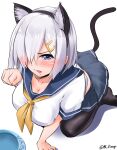 1girl all_fours animal_ears black_pantyhose blue_eyes bowl breasts cat_ears cat_tail grey_hair hair_ornament hair_over_one_eye hairclip hamakaze_(kancolle) highres implied_tail_plug kantai_collection large_breasts lingerie_(aki3240) neckerchief pantyhose paw_pose pet_bowl pleated_skirt school_uniform serafuku short_hair short_sleeves skirt solo tail yellow_neckerchief 