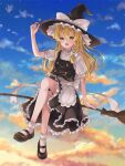  1girl absurdres apron black_footwear black_headwear black_skirt black_vest blonde_hair blush bow braid breasts broom broom_riding buttons clouds cloudy_sky commentary_request frilled_hat frilled_skirt frills full_body hand_on_headwear hat hat_bow highres kirisame_marisa long_hair mary_janes mumipyonn open_mouth outdoors puffy_short_sleeves puffy_sleeves shirt shoes short_sleeves side_braid single_braid sitting skirt sky small_breasts socks solo sunset touhou turtleneck vest waist_apron wavy_hair white_apron white_bow white_shirt white_socks yellow_eyes 