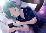  1girl absurdres aqua_eyes aqua_hair cellphone commission drooling grey_nails highres inu_no_iboji lens_flare lying on_bed on_side one_eye_closed original pajamas phone pillow skeb_commission smartphone 