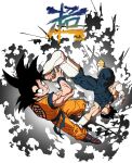  2boys artist_name bakarott black_hair blue_bodysuit bodysuit boots covered_abs dougi dragon_ball dragon_ball_super gloves highres looking_at_another male_focus multiple_boys muscular muscular_male short_hair son_goku spiky_hair vegeta white_gloves wristband 