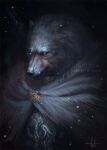  1boy artist_name blaidd_the_half-wolf blue_eyes cape cloak elden_ring fur_cape fur_cloak furry furry_male glowing glowing_eyes highres looking_at_viewer snowing solo teradiam weapon weapon_on_back wolf_boy 