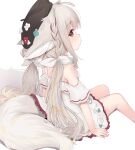  1girl animal_ear_fluff animal_ears black_headwear bow braid commission dress eip_(pepai) fox_ears fox_girl fox_tail from_behind grey_hair hair_bow hat highres long_hair looking_back low_twintails original red_eyes ribbon sakurada_shiro short_dress sitting skeb_commission solo tail twintails very_long_hair white_dress 