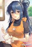  1girl :d apron awayuki_ramika bangs blue_hair braid brown_eyes crown_braid fire_emblem fire_emblem_fates hair_between_eyes holding holding_needle long_hair looking_at_viewer needle oboro_(fire_emblem) open_mouth ponytail smile solo stitching stuffed_animal stuffed_toy teddy_bear twitter_username 