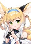  1girl :d absurdres animal_ear_fluff animal_ears arknights bangs bare_shoulders black_gloves blonde_hair blue_hairband blush braid breasts commentary english_commentary flan_ling fox_ears fox_girl fox_tail gloves green_eyes hair_between_eyes hair_rings hairband hands_up highres kitsune looking_at_viewer multicolored_hair purple_shirt shirt simple_background single_glove small_breasts smile solo steepled_fingers suzuran_(arknights) tail twin_braids two-tone_hair upper_body white_background white_hair 