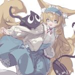  1girl :d absurdres animal_ears animal_on_shoulder arknights bag bangs black_cat blonde_hair blue_hairband blue_skirt cat cat_on_shoulder dated feet_out_of_frame fox_ears fox_girl fox_tail frilled_hairband frills green_eyes hairband high-waist_skirt highres jacket long_hair long_sleeves looking_at_viewer luoxiaohei multicolored_hair multiple_tails official_alternate_costume open_clothes open_jacket open_mouth pantyhose qtian shirt skirt smile solo suzuran_(arknights) suzuran_(spring_praise)_(arknights) tail the_legend_of_luo_xiaohei two-tone_hair very_long_hair white_hair white_jacket white_pantyhose white_shirt 