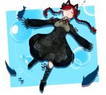  1girl animal_ears bird bow braid bubble cat_ears cat_tail dress drop_shadow fish hair_bow kaenbyou_rin long_sleeves multiple_tails redhead sleeping solo tail touhou twin_braids two_tails underwater winu_(hertrion) zzz 