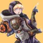  1girl :o apex_legends bangs black_gloves blonde_hair blue_eyes blush bodysuit breasts bright_pupils electricity english_commentary eyebrows_hidden_by_hair from_side gloves grey_jacket hood hooded_jacket jacket leaning_back looking_at_viewer medium_breasts open_mouth pointing purple_bodysuit purple_headwear ribbed_bodysuit ryosharke solo wattson_(apex_legends) white_pupils 
