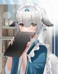  1girl alternate_costume animal_ears azur_lane blurry blurry_background blush commentary_request grey_hair hair_ornament highres long_hair looking_at_viewer maid_headdress miyuki_(azur_lane) miyuki_(shopping_rendezvous)_(azur_lane) portrait qing_wu reflection solo tail wa_maid yellow_eyes 