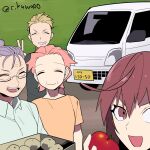  1boy 3girls :d aged_up akane_(etra-chan_wa_mita!) artist_name azami_(etra-chan_wa_mita!) bangs black_shirt blonde_hair closed_eyes closed_mouth commentary_request etra-chan_wa_mita! food fruit glasses green_background ground_vehicle holding holding_food holding_fruit ine-00 license_plate looking_at_viewer motor_vehicle multiple_girls old old_woman open_mouth orange_shirt pickup_truck pink_hair potato purple_hair redhead shirt short_sleeves simple_background smile tachibana_(etra-chan_wa_mita!) teeth tomato truck twitter_username v watermark white_shirt yuri_(etra-chan_wa_mita!) 