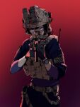  1girl american_flag ammunition_pouch ar-15 assault_rifle black_hair blue_eyes gloves gun helmet highres looking_at_viewer night_vision_device original pen_guin15 pouch red_background rifle short_hair solo suppressor weapon 