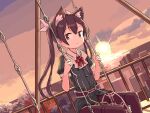  1girl animal_ears blue_archive brown_eyes brown_hair cat_ears commentary cosplay dutch_angle english_commentary flat_chest horizon kantai_collection kemonomimi_mode pelvic_curtain railing serika_(blue_archive) serika_(blue_archive)_(cosplay) sitting sixten smile solo sun swing swing_set tone_(kancolle) twintails 