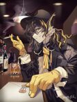  1boy alcohol arknights bar bishounen brown_eyes brown_hair cigarette envelope glass glasses gloves hat highres holding holding_cigarette indoors lamp lee_(arknights) male_focus memetaroh sitting smile smoking solo table upper_body whiskey wine yellow_gloves 