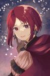 1girl artist_request blush closed_mouth dress fire_emblem fire_emblem:_three_houses fire_emblem_warriors:_three_hopes gloves highres long_hair long_sleeves looking_at_viewer monica_von_ochs official_alternate_costume official_alternate_hairstyle red_eyes redhead short_hair simple_background smile solo upper_body 