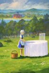 1girl apron basket blue_skirt blue_vest bow bush chair closed_mouth clouds cloudy_sky commentary fjsmu from_side hair_bow high_heels highres holding_cloth izayoi_sakuya maid maid_headdress mansion medium_hair outdoors puffy_short_sleeves puffy_sleeves river scenery shirt short_sleeves skirt sky socks solo table tablecloth touhou tree vest waist_apron white_apron white_hair white_shirt white_socks wide_shot 
