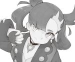  1girl aioi_u asymmetrical_bangs bangs choker closed_mouth earrings fingernails frown holding holding_poke_ball jacket jewelry long_hair long_sleeves marnie_(pokemon) monochrome open_clothes open_jacket poke_ball pokemon pokemon_(game) pokemon_swsh simple_background solo twintails upper_body white_background 