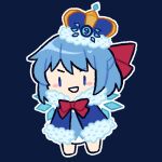  1girl barefoot blue_background blue_dress blue_eyes blue_hair chibi circled_9 cirno cirno_day commentary crown dress finnieforkys hair_ribbon lowres medium_hair neck_ribbon outline red_ribbon ribbon simple_background smile solo symbol-only_commentary touhou v-shaped_eyebrows white_outline wings 