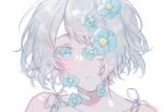  10_io 1girl aqua_eyes aqua_flower bandaid bandaid_on_neck bare_shoulders flower_on_face highres looking_at_viewer one_eye_covered original short_hair solo white_background 