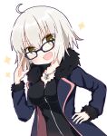  1girl :d adjusting_eyewear black_dress blush breasts chibi coat dress fate/grand_order fate_(series) full-length_zipper fur-trimmed_coat fur_trim glasses grey_hair hand_on_hip jeanne_d&#039;arc_alter_(fate) jeanne_d&#039;arc_alter_(ver._shinjuku_1999)_(fate) jewelry large_breasts long_sleeves necklace official_alternate_costume rabiiandrain short_dress short_hair smile solo v-shaped_eyebrows white_background yellow_eyes zipper 