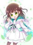  1girl :d araki495 bangs blush brown_hair brown_pantyhose commentary_request dress feathered_wings flower gochuumon_wa_usagi_desu_ka? green_eyes green_flower hair_flower hair_ornament halo hand_up highres hood hood_down hooded_jacket jacket long_hair long_sleeves open_clothes open_jacket pantyhose petals sailor_collar sleeves_past_wrists smile solo two_side_up ujimatsu_chiya v white_background white_dress white_flower white_jacket white_sailor_collar white_wings wings 