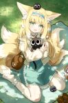 1girl :d absurdres animal animal_ears arknights blonde_hair blue_hairband blush cardigan cat dress extra_ears flower fox_ears fox_girl fox_tail frilled_dress frilled_hairband frills grass green_dress green_eyes hair_down hairband highres holding holding_animal holding_cat kitsune lily_of_the_valley long_hair long_sleeves looking_at_viewer luoxiaohei multiple_tails open_cardigan open_clothes open_mouth outdoors pantyhose picnic red_ribbon ribbon sitting smile solo suzuran_(arknights) suzuran_(spring_praise)_(arknights) tail the_legend_of_luo_xiaohei wariza white_cardigan zayur