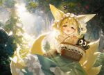  1girl :d animal_ear_fluff animal_ears arknights bag basket blonde_hair flower forest fox_ears fox_tail frilled_hairband frills green_skirt hair_between_eyes hairband highres holding holding_basket lily_of_the_valley mio-muo1206 multiple_tails nature open_mouth outdoors short_hair skirt smile suzuran_(arknights) tail tree yellow_eyes 