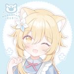  1girl animal_ear_fluff artist_name blonde_hair blue_dress blush dress fang flower genshin_impact hair_between_eyes hair_flower hair_ornament hand_up iqchan kemonomimi_mode light_blue_background looking_at_viewer lumine_(genshin_impact) one_eye_closed open_mouth outline paw_print short_hair_with_long_locks simple_background smile solo upper_body white_flower white_outline yellow_eyes 