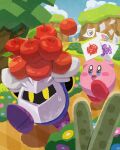  apple armor bush chasing clouds cloudy_sky drawing flower food fruit gloves glowing glowing_eyes grass highres kirby kirby_(series) mask meta_knight miclot outdoors paper road running saliva saliva_trail shoulder_armor shoulder_pads sky sparkle sparkling_eyes sweat sweatdrop tree yellow_eyes 