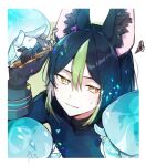  1boy animal_ear_fluff animal_ears bangs black_hair blunt_ends bright_pupils closed_mouth commentary earrings flower fox_boy fox_ears fungi_(genshin_impact) genshin_impact gloves gnsn_aile022 green_eyes green_hair hair_between_eyes highres holding holding_pen jewelry male_focus medal multicolored_hair pen simple_background single_earring solo squiggle streaked_hair sweatdrop tassel tighnari_(genshin_impact) upper_body white_background white_pupils yellow_flower 