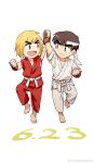  2boys absurdres aged_down black_hair blonde_hair chibi clenched_hand dougi eye_contact full_body headband highres holding_hands jumping ken_masters light_blush looking_at_another male_focus multiple_boys red_shirt ryu_(street_fighter) shirt short_hair smile street_fighter thick_eyebrows yuiofire 