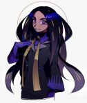  1girl black_hair black_jacket buttons commentary_request double-breasted eyelashes fmpkm666 geeta_(pokemon) gloves hand_up highres jacket korean_commentary long_hair looking_at_viewer neck_ribbon pokemon pokemon_(game) pokemon_sv ribbon simple_background smile solo upper_body violet_eyes white_background yellow_ribbon 