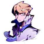  1boy ascot black_eyes blonde_hair closed_mouth commentary_request fmpkm666 high_collar korean_commentary looking_at_viewer male_focus pokemon pokemon_(game) pokemon_xy purple_ascot shirt short_hair siebold_(pokemon) solo upper_body white_background white_shirt 