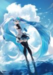  1girl :o absurdly_long_hair absurdres black_skirt black_sleeves blue_eyes blue_hair blue_necktie blue_sky blue_theme boots clouds cloudy_sky cumulonimbus_cloud detached_sleeves dutch_angle floating_hair from_below grey_shirt hair_between_eyes hand_up hatsune_miku highres horizon knees_together_feet_apart lens_flare light_blush long_hair necktie niwa_(niwaniwa_1227) parted_lips pleated_skirt shirt skirt sky sleeveless sleeveless_shirt solo standing standing_on_liquid thigh_boots twintails very_long_hair vocaloid water wind wind_lift 