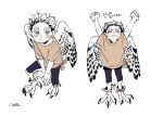  1boy akaashi_keiji animal_feet anklet arms_up artist_name between_legs bird_legs bird_wings brown_eyes brown_shirt child closed_eyes closed_mouth feathered_wings full_body haikyuu!! hand_between_legs harpy_boy jewelry looking_at_viewer male_focus monochrome monster_boy monsterification multiple_views natsu_(rodysanp) shirt short_hair short_sleeves shorts signature simple_background sitting standing stretching talons thick_eyebrows very_short_hair white_background wings 