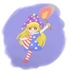  american_flag_dress american_flag_legwear asymmetry blonde_hair clownpiece dress full_body hat holding kigoto5 long_hair one-hour_drawing_challenge outstretched_arm pantyhose purple_background red_eyes short_sleeves star_(symbol) star_print striped striped_dress touhou 
