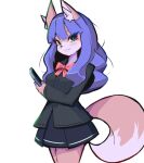  1girl animal_ear_fluff animal_ears bangs black_jacket black_skirt blue_eyes body_fur bow breasts cellphone chatora_(0-furry-beast-0) fang fang_out fox_ears fox_girl fox_tail from_side furry furry_female holding holding_phone jacket long_hair looking_at_viewer original phone pink_bow pink_fur purple_hair school_uniform skirt small_breasts smartphone smile solo tail 