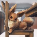  1other animal_ear_fluff animal_ears artist_name body_fur brown_eyes chair coffee_mug cup eevee indoors looking_at_viewer lying momomo12 mug no_humans on_stomach pokemon pokemon_(creature) signature smile table tail 