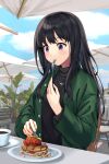  1girl :t absurdres bangs black_hair black_sweater blue_sky blurry blurry_background blush building chair clouds commentary_request cup day eating food fork fruit green_jacket highres holding holding_fork holding_knife inoue_takina jacket jewelry knife long_hair long_sleeves lycoris_recoil necklace open_clothes open_jacket outdoors parasol pastry plant plate potted_plant sky solo strawberry sweater table table_knife teacup turtleneck turtleneck_sweater umbrella violet_eyes yu_sa1126 