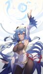  1girl absurdres ahoge arm_up armpits bangs bare_shoulders bell blue_hair breasts brown_pantyhose chinese_knot cowboy_shot detached_sleeves flower_knot ganyu_(genshin_impact) genshin_impact gold_trim highres horns ktr_(tpun2553) long_hair looking_at_viewer medium_breasts neck_bell no_gloves orb pantyhose sidelocks smile solo standing tassel violet_eyes vision_(genshin_impact) waist_cape white_sleeves 